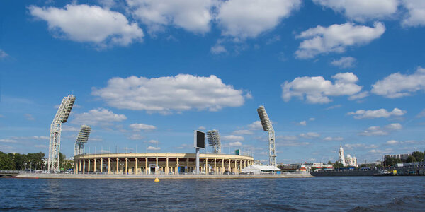 Old Petrovsky football stadium in Saint-Petersburg, Russia. View from the water