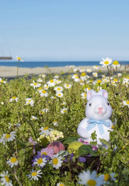 Oeufs de Pâques et fleurs au bord de la mer Photo De Stock