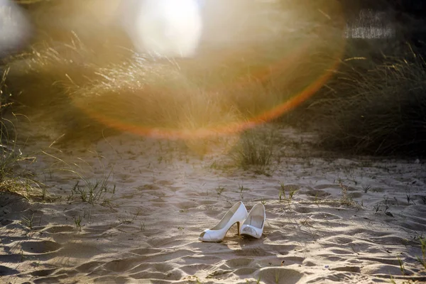 Bridal shoes on the sand abandoned backlit with sun flares.