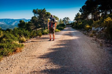 Yürüyüşçü adam bir dağ yolunda bir sırt çantası ile yürüyor.