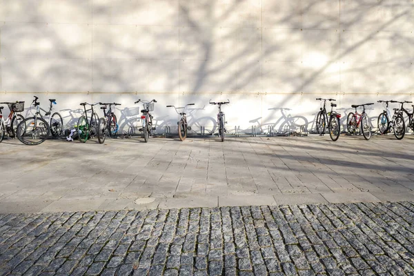 Valencia, Spain - February 5, 2020: Row of bicycles parked on th — Stock Photo, Image