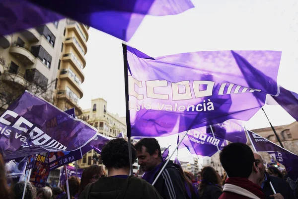 Valencia Spain October 2020 Crowd People Demonstrating Feminist Protest Purple — Stockfoto