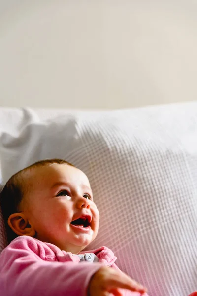 Adorable Funny Baby Girl Smiling Pink Pajamas — Stock Photo, Image