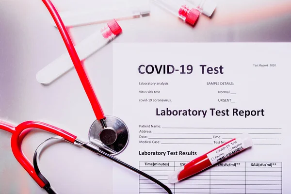 Laboratory Report Test Tubes Coronavirus Infected Blood Causing Global Covid — Stock Photo, Image