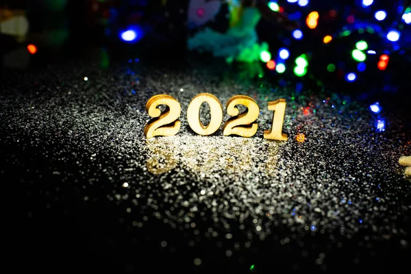 Gelukkig Nieuwjaar 2021 Symbool Van Nummer Houten Ondergrond — Stockfoto