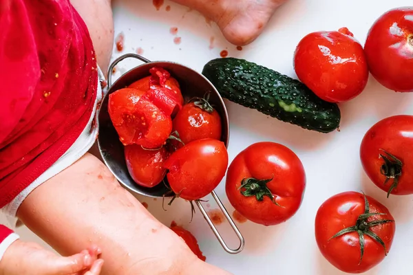 Los Tomates Rojos Son Ricos Antioxidante Licopeno Una Chica Juega — Foto de Stock