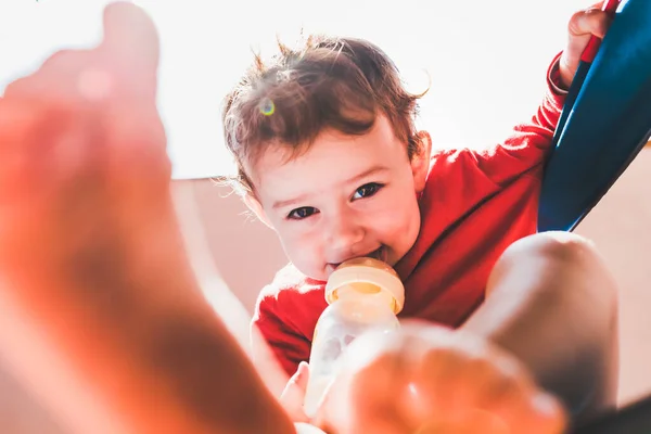 Baby Sitting Balcony Her House Sun Drinks Milk Bottle Herself — Stock Photo, Image