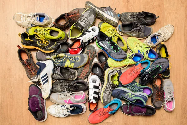 Valencia Spain April 2020 Pile Used Running Sports Shoes Various — Stock Photo, Image