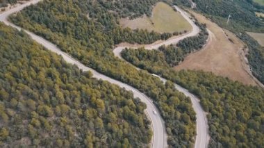  İnsansız hava aracı, kavis ve araba trafiği olan çam ağaçlarının arasından geçen bir Avrupa yolunun üzerinde uçuyor.