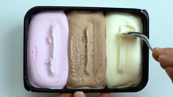 Man Taking Out Iced Spoon His Box Three Flavors Isolating — Stock Video