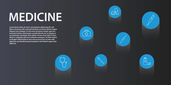 Médecine Infographie conception vectorielle. Concept de chronologie comprennent sac médical, seringue, pilules icônes. Peut être utilisé pour le rapport, la présentation, le diagramme, la conception Web — Image vectorielle