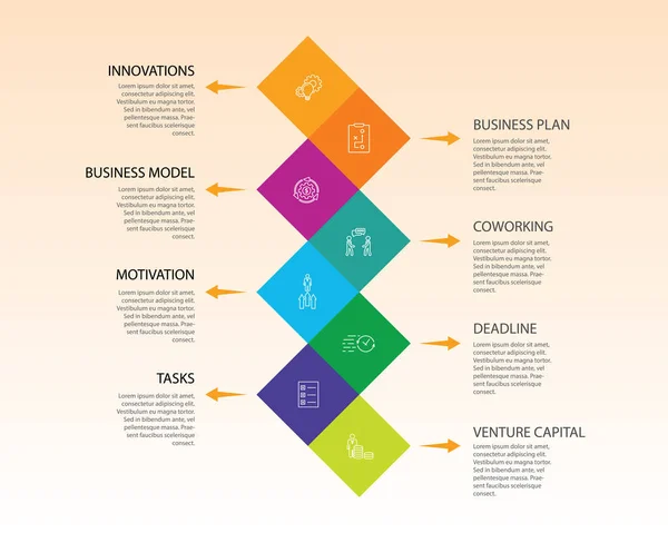 Opstarten Infographics vector ontwerp. Tijdlijn concept omvat doel, innovaties, business plan iconen. Kan gebruikt worden voor rapport, presentatie, diagram, webdesign — Stockvector