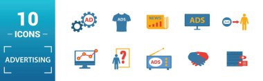 Reklam simgesi seti. Yaratıcı unsurlar odak grubu, pazarlama izleme, yardımcı pazarlama, televizyon, küresel reklam simgeleri dahil. Rapor, sunum, diyagram, web tasarımı için kullanılabilir