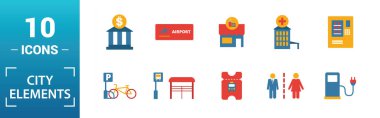 Şehir Elementleri simgesi ayarlandı. Yaratıcı unsurlar arasında tuvalet tabelası, halka açık park, bisiklet parkı, pansiyon, oyun alanı ikonları var. Rapor, sunum, diyagram, web tasarımı için kullanılabilir