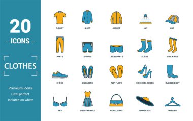 Kıyafet ikonu seti. Yaratıcı öğeler tişörtü, ceket, pantolon, çorap, ayakkabı ikonları dahil. Rapor, sunum, diyagram, web tasarımı için kullanılabilir