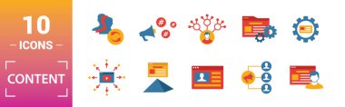 İçerik simgesi seti. Yaratıcı unsurlar cms, içerik planı, dijital içerik, viral pazarlama, medya planı simgeleri içerir. Rapor, sunum, diyagram, web tasarımı için kullanılabilir
