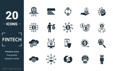 Fintech ikonu hazır. Çevrimiçi bankacılık, doğrudan ödeme, fintech, kripto para birimi, fintech endüstrisi simgeleri gibi yaratıcı unsurları içerir. Rapor, sunum, diyagram, web tasarımı için kullanılabilir