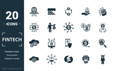Fintech icon set. Include creative elements online banking, direct payment, fintech, cryptocurrency, fintech industry icons. Can be used for report, presentation, diagram, web design clipart