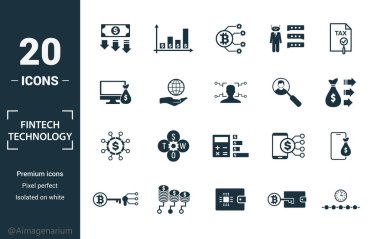 Fintech Teknoloji ikonu seti. Yaratıcı unsurlar temel gelir, bitcoin teknolojisi, çevrimiçi kredi, kyc, iş modeli simgeleri içerir. Rapor, sunum, diyagram, web tasarımı için kullanılabilir