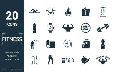 Fitness ikonu hazır. Yaratıcı elementler havuzda yüzme, kalori yakma, su, abur cubur, kurtarma ikonları dahil. Rapor, sunum, diyagram, web tasarımı için kullanılabilir