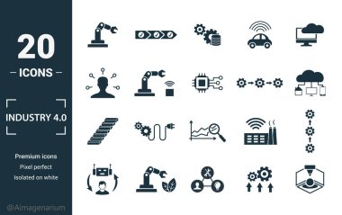 Sanayi 4.0 simgesi seti. Yaratıcı elementlerin otomasyonu, veri yönetimi, iş zekası, yatay bütünleşme, OSİ model simgeleri dahil. Rapor, sunum, diyagram, web tasarımı için kullanılabilir