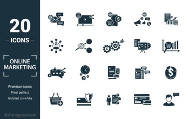 Çevrimiçi Pazarlama simgesi seti. Yaratıcı unsurlar, e-posta pazarlaması, mobil pazarlama, yönlendirme, pazarlama planı, sosyal simgeler. Rapor, sunum, diyagram, web tasarımı için kullanılabilir