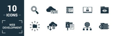 Web Geliştirme simgesi seti. Yaratıcı unsurları içerir anahtar arama, seo, bulut depolama, bulut yönetimi, ağ bağlantı simgeleri. Rapor, sunum, diyagram, web tasarımı için kullanılabilir