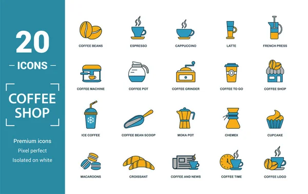 Conjunto de iconos de Coffe Shop. Incluye elementos creativos granos de café, capuchino, máquina de café, café para llevar, iconos de café helado. Puede ser utilizado para el informe, presentación, diagrama, diseño web — Vector de stock