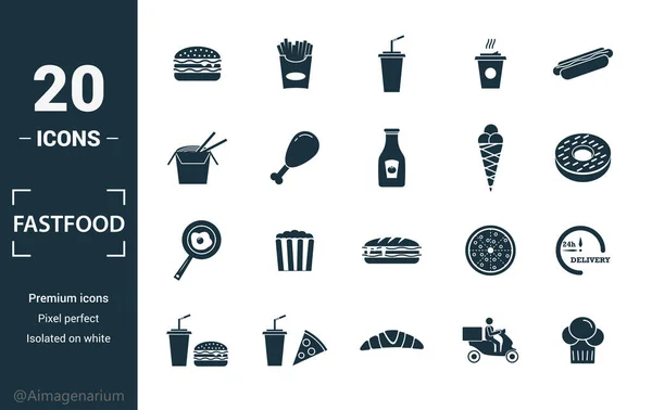 Juego de iconos de comida rápida. Incluya elementos creativos hamburguesa, bebida con una paja, donas, pierna de pollo, iconos de entrega. Puede ser utilizado para el informe, presentación, diagrama, diseño web — Vector de stock