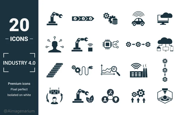 Industri 4.0 ikon set. Inkludera kreativa element automatisering, datahantering, business intelligence, horisontell integration, osi modell ikoner. Kan användas för rapport, presentation, diagram, webbdesign — Stock vektor