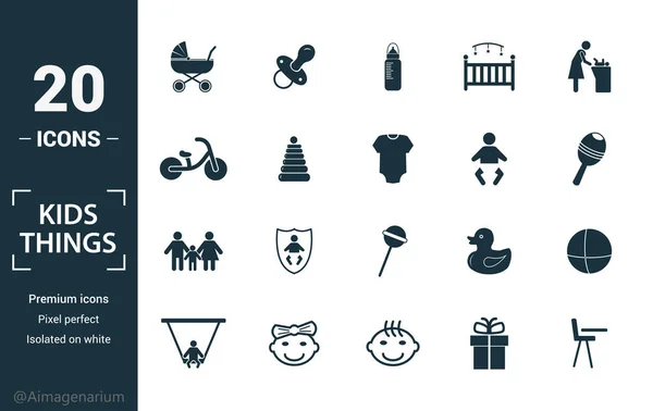 Conjunto de iconos de Child Staff. Incluye elementos creativos cochecito, biberón con chupete, bicicleta de bebé, pañal, iconos familiares. Puede ser utilizado para el informe, presentación, diagrama, diseño web — Vector de stock