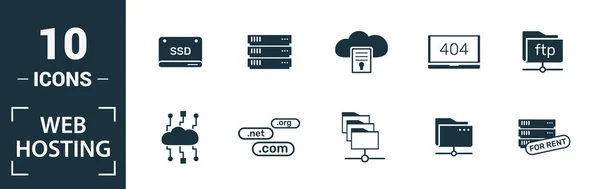 Ensemble d'icônes Hébergement Web. Inclure des éléments créatifs structure de données, technologie cloud, ssd, accès aux fichiers, icônes du modem. Peut être utilisé pour le rapport, la présentation, le diagramme, la conception Web — Image vectorielle