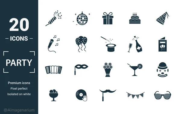 Icono de fiesta conjunto de iconos. Incluye elementos creativos flapper con confeti, regalo, karaoke, champán, iconos armónicos. Puede ser utilizado para el informe, presentación, diagrama, diseño web — Vector de stock