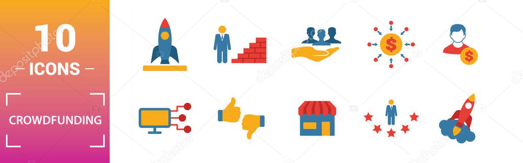 Crowdfunding icon set. Include creative elements marketplace, social participation, pre-release, rewards, funding platform icons. Can be used for report, presentation, diagram, web design