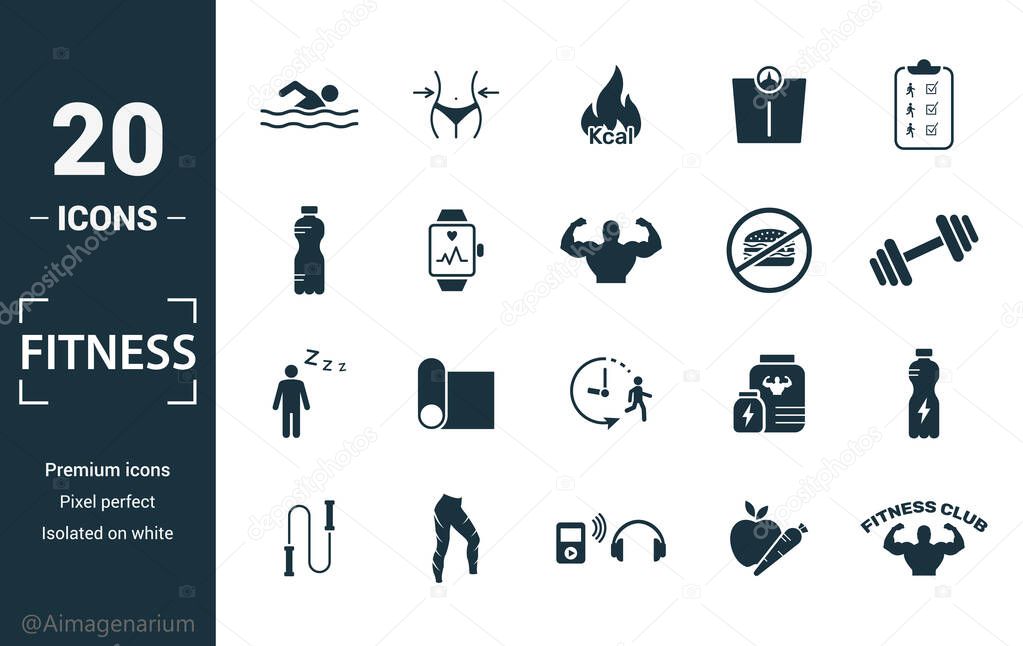 Fitness icon set. Include creative elements pool swimming, calories burn, water, junk food, recovery icons. Can be used for report, presentation, diagram, web design