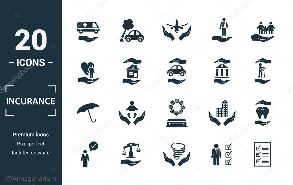 Insurance icon set. Include creative elements medical insurance, travel insurance, life insurance, finance insurance, protection icons. Can be used for report, presentation, diagram, web design