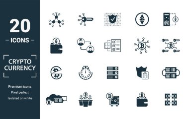 Şifreleme Para Birimi simgesi ayarlandı. Yaratıcı elementler içerir ademi merkeziyetçi, şifrelenmiş, ethereum cüzdan, düğüm, yarımlama simgeleri. Rapor, sunum, diyagram, web tasarımı için kullanılabilir