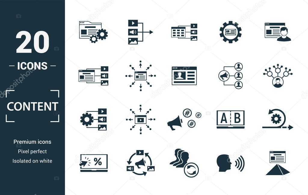Content icon set. Include creative elements cms, content plan, digital content, viral marketing, media plan icons. Can be used for report, presentation, diagram, web design