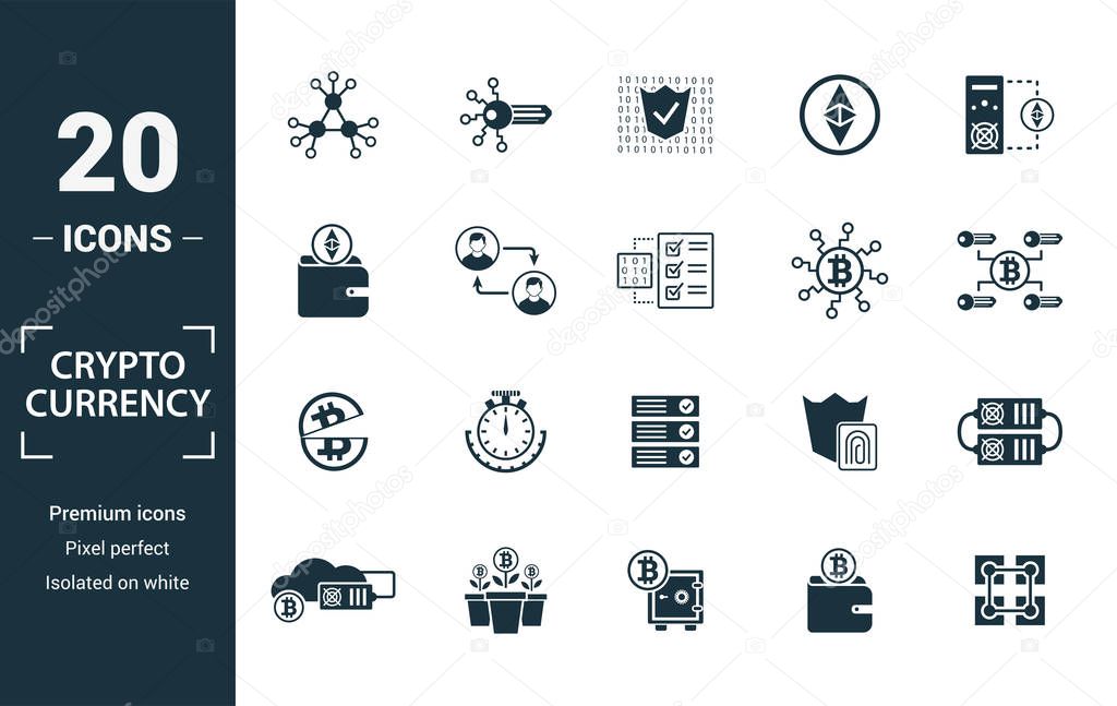 Crypto Currency icon set. Include creative elements decentralized, encrypted, ethereum wallet, node, halving icons. Can be used for report, presentation, diagram, web design