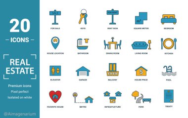 Emlak simgesi seti. Satılık yaratıcı unsurlar, kira tabelası, ev konumu, oturma odası, asansör simgeleri dahil. Rapor, sunum, diyagram, web tasarımı için kullanılabilir