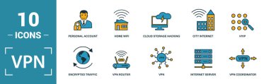 Vpn simgesi seti. Yaratıcı unsurlar, arşivleme, site güvenliği, ev sunucusu, bulut depolama ikonları dahil. Rapor, sunum, diyagram, web tasarımı için kullanılabilir