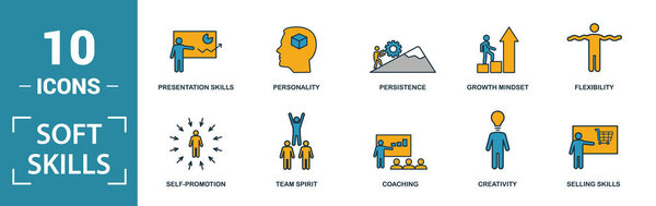 Набор значков Soft Skills. Включить творческие элементы командный дух, личность, самореклама, мотивация, переговоры иконы. Может использоваться для отчетов, презентаций, презентаций, веб-дизайна

