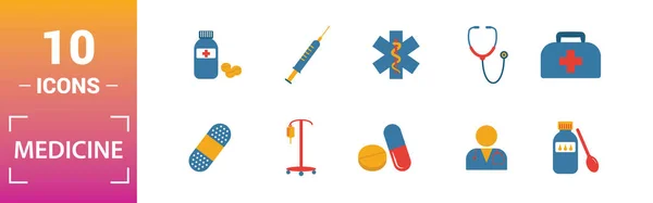 Set di icone della medicina. Includere elementi creativi borsa medica, pillole, miscela, DNA, pipette icone. Può essere utilizzato per report, presentazione, diagramma, web design — Vettoriale Stock