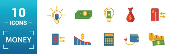 Conjunto de ícone de dinheiro. Inclua elementos criativos notas de dinheiro, moedas, gráfico de dinheiro para cima, taxa de carteira, ícones de tempo de dinheiro. Pode ser usado para relatório, apresentação, diagrama, web design — Vetor de Stock