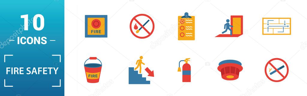 Fire Safety icon set. Include creative elements smoke detector, fire hose, report, no fire, fire sprinkler icons. Can be used for report, presentation, diagram, web design
