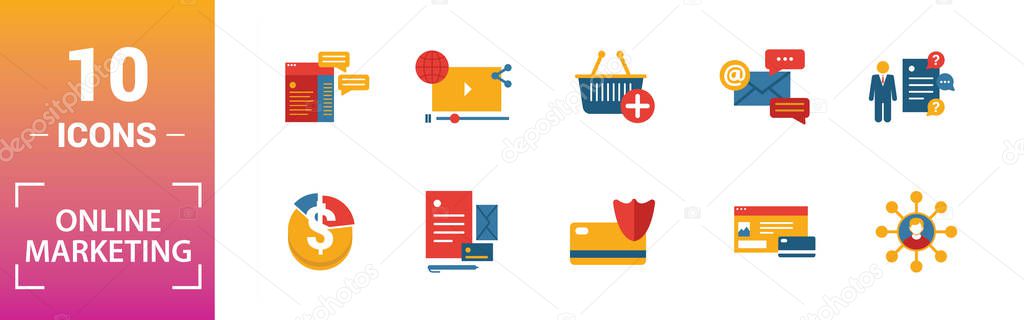 Online Marketing icon set. Include creative elements email marketing, mobile marketing, referral, marketing plan, social icons. Can be used for report, presentation, diagram, web design