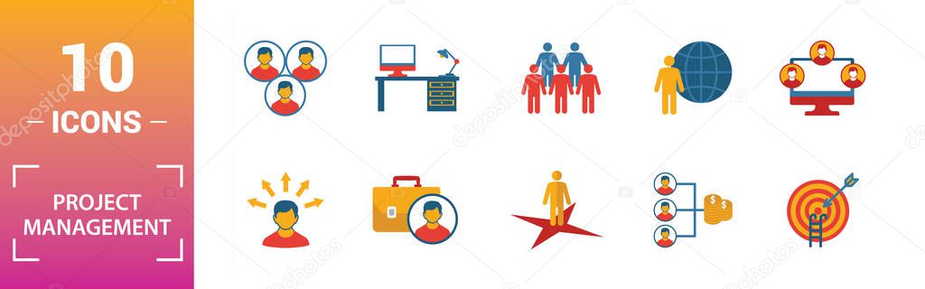 Project Management icon set. Include creative elements goal seeking, virtual team, budget, global management, team cohesion icons. Can be used for report, presentation, diagram, web design