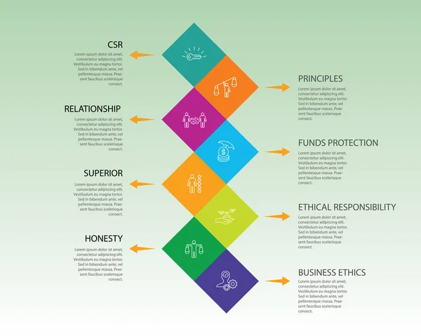 Business Ethics Infographics design. Timeline concept include csr, behavior, principles icons. Can be used for report, presentation, diagram, web design