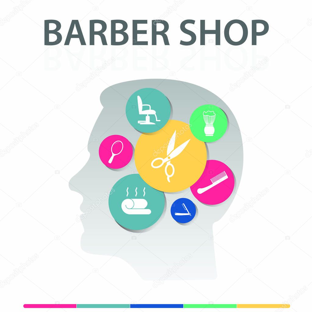 Barber Shop Infographics design. Timeline concept include scissors, straight razor, foam brush icons. Can be used for report, presentation, diagram, web design