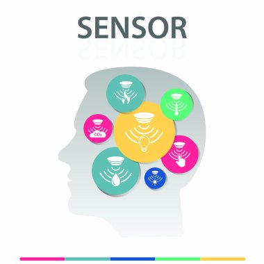 Sensör Bilgi Grafikleri tasarımı. Zaman çizelgesi konsepti, alev dedektörü, gaz sensörü, ışık sensörü simgeleri. Rapor, sunum, diyagram, web tasarımı için kullanılabilir